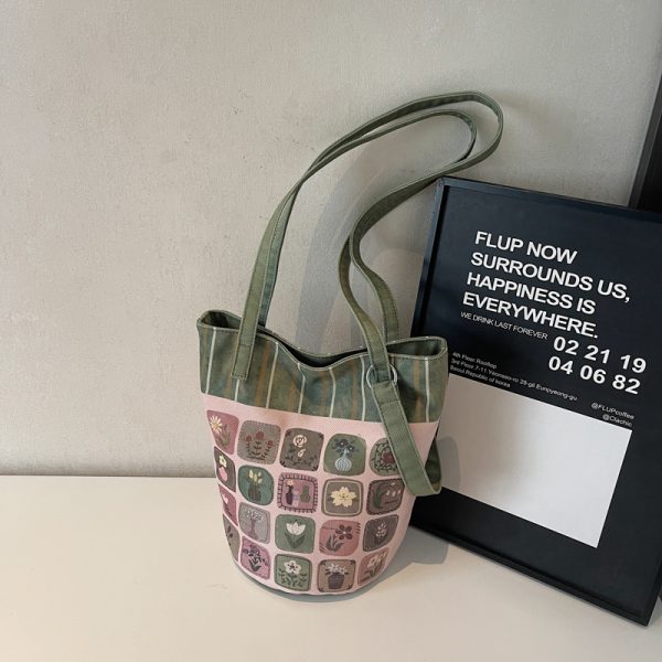 Summer Large Capacity Cartoon Canvas Bucket Bag for Women - Versatile Shoulder Tote for Commuting & Everyday Use