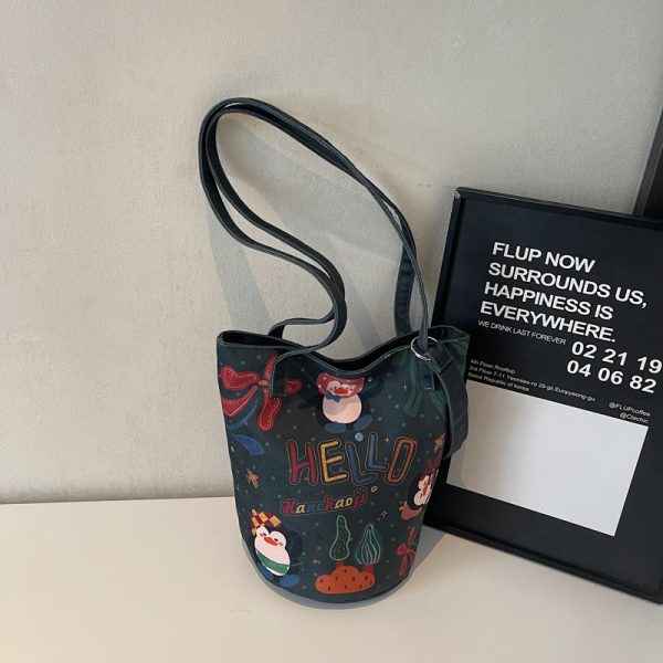 Summer Large Capacity Cartoon Canvas Bucket Bag for Women - Versatile Shoulder Tote for Commuting & Everyday Use
