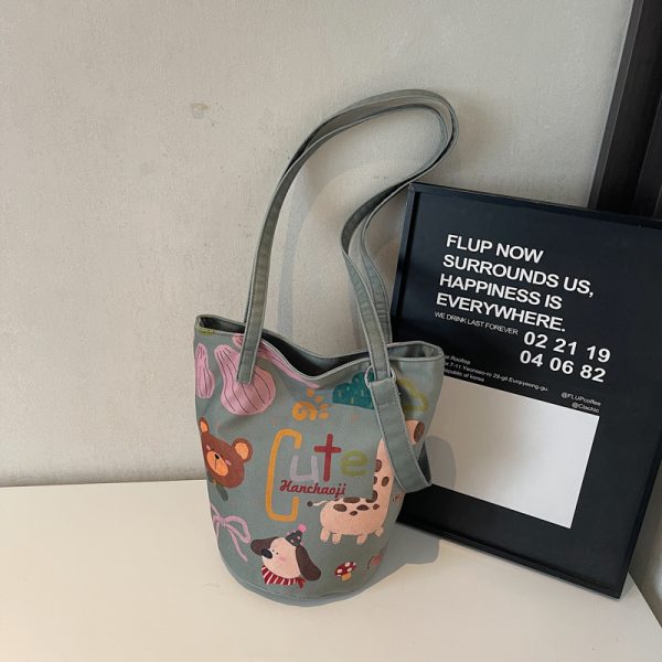 Summer Large Capacity Cartoon Canvas Bucket Bag for Women - Versatile Shoulder Tote for Commuting & Everyday Use