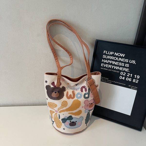 Summer Large Capacity Cartoon Canvas Bucket Bag for Women - Versatile Shoulder Tote for Commuting & Everyday Use