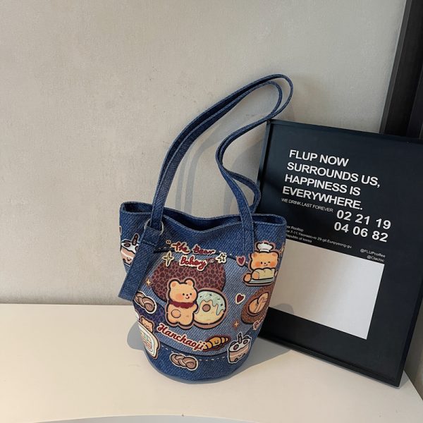 Summer Large Capacity Cartoon Canvas Bucket Bag for Women - Versatile Shoulder Tote for Commuting & Everyday Use