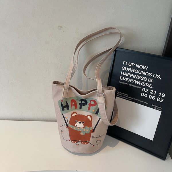 Summer Large Capacity Cartoon Canvas Bucket Bag for Women - Versatile Shoulder Tote for Commuting & Everyday Use
