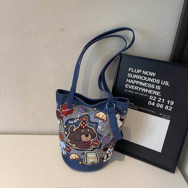 Summer Large Capacity Cartoon Canvas Bucket Bag for Women - Versatile Shoulder Tote for Commuting & Everyday Use