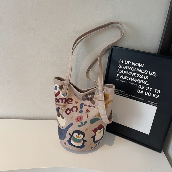 Summer Large Capacity Cartoon Canvas Bucket Bag for Women - Versatile Shoulder Tote for Commuting & Everyday Use