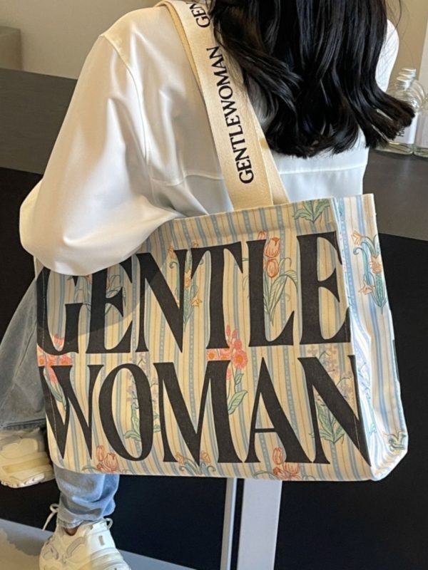 Summer Large Capacity Letter Canvas Tote Bag for Women - Fashionable Commuting Shoulder Bag for College Students and Shopping