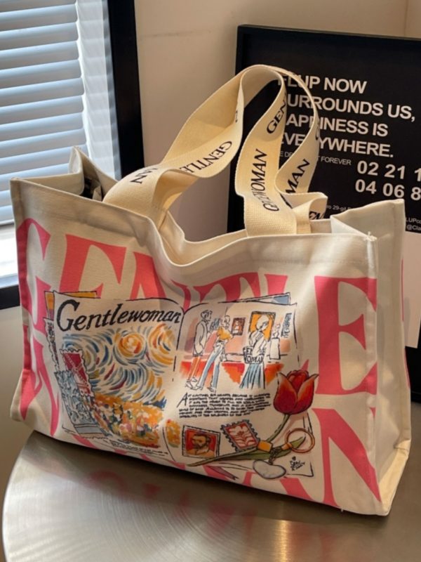 Summer Large Capacity Letter Canvas Tote Bag for Women - Fashionable Commuting Shoulder Bag for College Students and Shopping