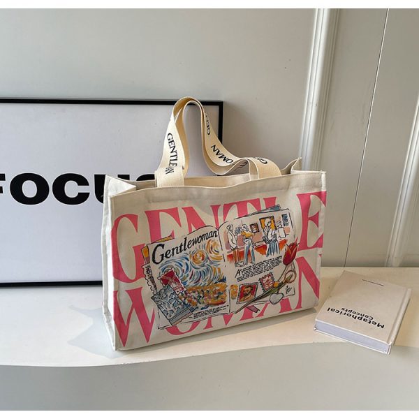 Summer Large Capacity Letter Canvas Tote Bag for Women - Fashionable Commuting Shoulder Bag for College Students and Shopping
