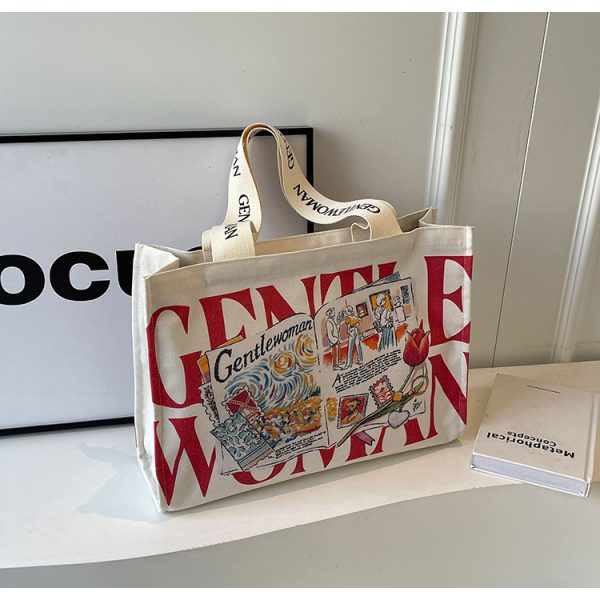 Summer Large Capacity Letter Canvas Tote Bag for Women - Fashionable Commuting Shoulder Bag for College Students and Shopping