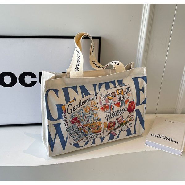 Summer Large Capacity Letter Canvas Tote Bag for Women - Fashionable Commuting Shoulder Bag for College Students and Shopping
