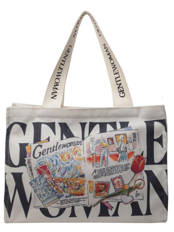 Summer Large Capacity Letter Canvas Tote Bag for Women - Fashionable Commuting Shoulder Bag for College Students and Shopping