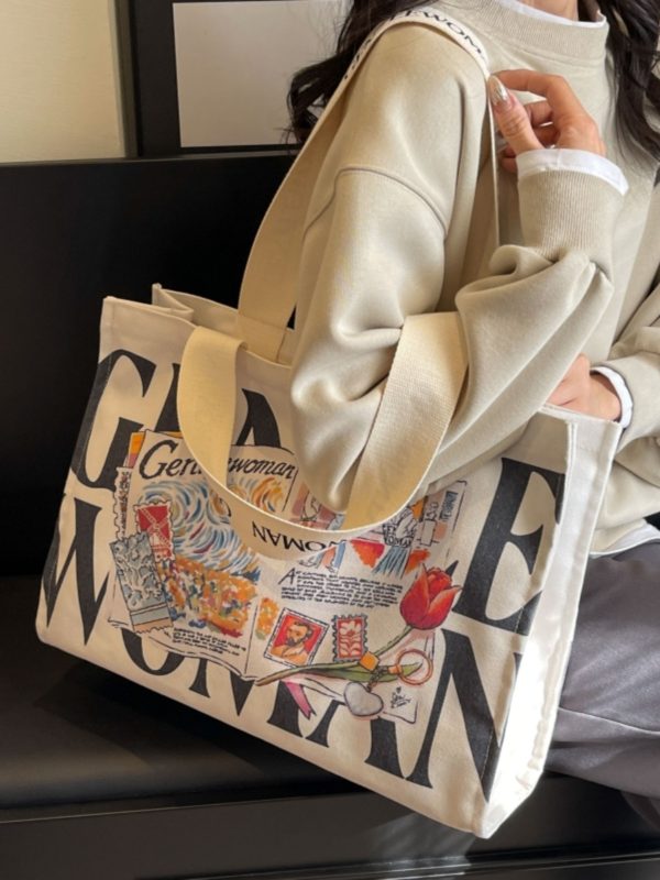 Summer Large Capacity Letter Canvas Tote Bag for Women - Fashionable Commuting Shoulder Bag for College Students and Shopping