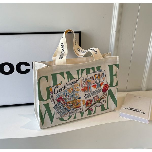 Summer Large Capacity Letter Canvas Tote Bag for Women - Fashionable Commuting Shoulder Bag for College Students and Shopping