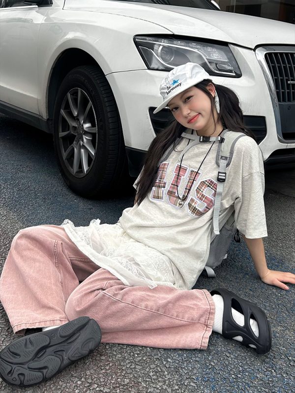 Summer Patchwork Embroidered Plaid T-Shirt for Couples - Loose Fit Short Sleeve National Trend Top