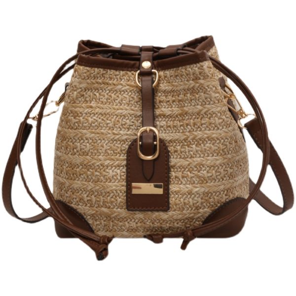 Summer Retro Color-Blocking Straw Bucket Bag for Women - Versatile Crossbody Bag for Beach Vacation and Casual Outings