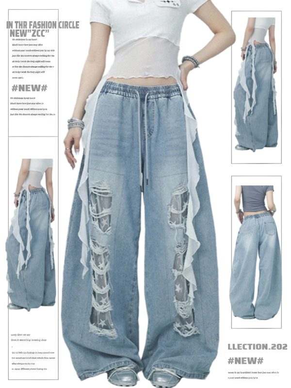 Summer Ripped Denim Pants for Women, Lace Patchwork Design, Trendy Casual Jazz Dance Style, Streetwear Fashion