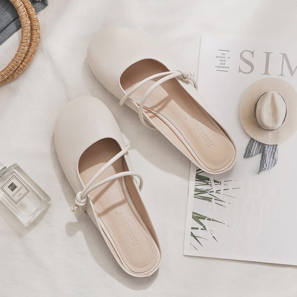 Summer Sheepskin Backless Flat Evening Shoes for Women - Fairy Style Closed-Toe Half Slippers, Perfect for Outdoor Wear