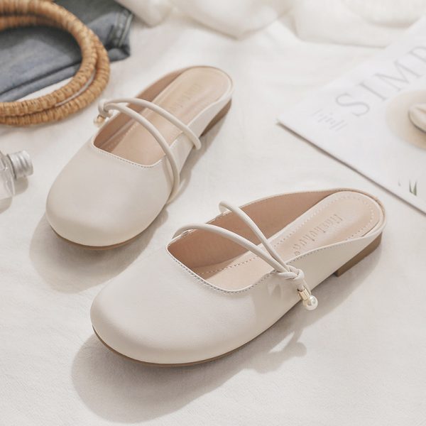 Summer Sheepskin Backless Flat Evening Shoes for Women - Fairy Style Closed-Toe Half Slippers, Perfect for Outdoor Wear