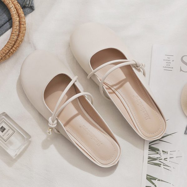 Summer Sheepskin Backless Flat Evening Shoes for Women - Fairy Style Closed-Toe Half Slippers, Perfect for Outdoor Wear