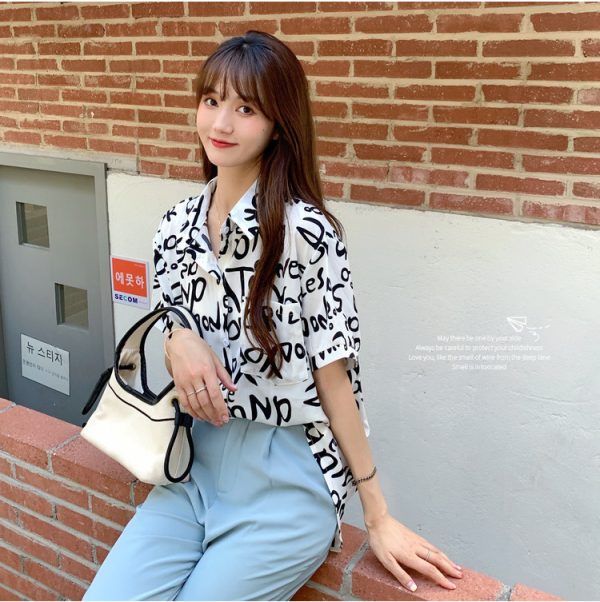 Summer Short Sleeve Shirt for Women, Casual Letter Print Beach Top, Hong Kong Style INS Design, Trendy Summer Fashion