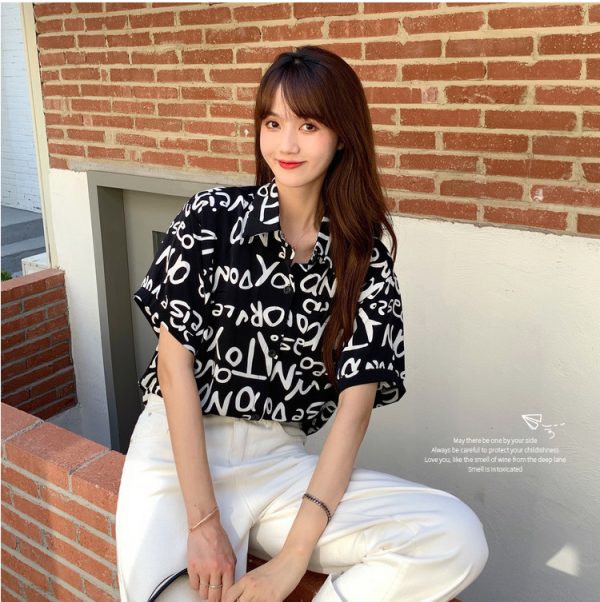 Summer Short Sleeve Shirt for Women, Casual Letter Print Beach Top, Hong Kong Style INS Design, Trendy Summer Fashion