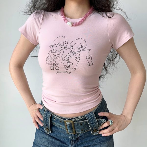Summer Slim Fit Shoulder T-shirt for Women - Simple Line Drawing Print, European American Style, Round Neck Short Sleeve Top
