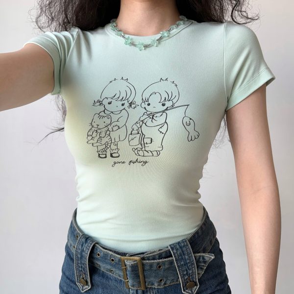 Summer Slim Fit Shoulder T-shirt for Women - Simple Line Drawing Print, European American Style, Round Neck Short Sleeve Top