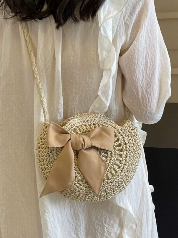 Summer Straw Woven Bag for Women - 2025 Bow Tie Design Small Round Crossbody Bag for Beach Vacation and Everyday Versatile Use