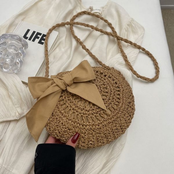 Summer Straw Woven Bag for Women - 2025 Bow Tie Design Small Round Crossbody Bag for Beach Vacation and Everyday Versatile Use