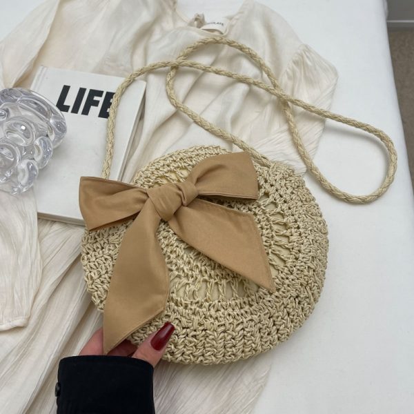 Summer Straw Woven Bag for Women - 2025 Bow Tie Design Small Round Crossbody Bag for Beach Vacation and Everyday Versatile Use