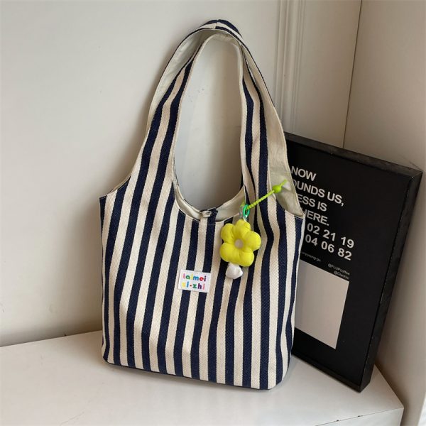 Summer Striped Canvas Tote Bag for Women - Large Capacity Double-Sided Shoulder Commuter Bag - Versatile Fashion Accessory