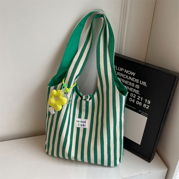 Summer Striped Canvas Tote Bag for Women - Large Capacity Double-Sided Shoulder Commuter Bag - Versatile Fashion Accessory