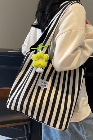 Summer Striped Canvas Tote Bag for Women - Large Capacity Double-Sided Shoulder Commuter Bag - Versatile Fashion Accessory