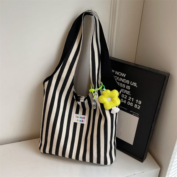 Summer Striped Canvas Tote Bag for Women - Large Capacity Double-Sided Shoulder Commuter Bag - Versatile Fashion Accessory