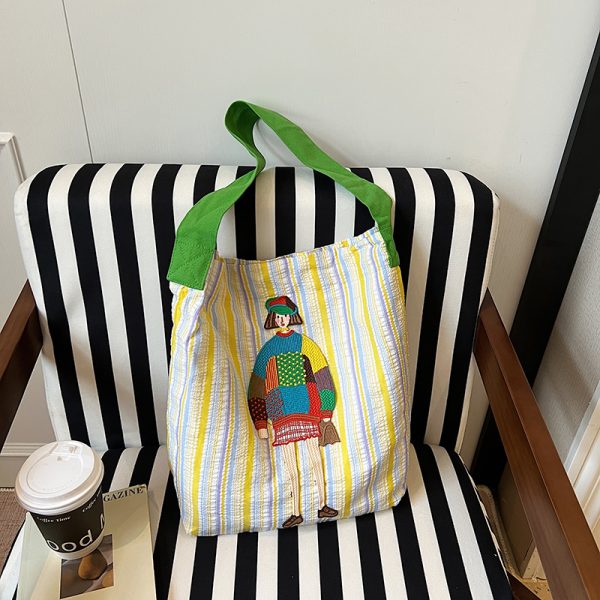 Summer Striped Embroidered Canvas Bucket Bag - Versatile Women's Large Capacity Shoulder Tote for Commuting