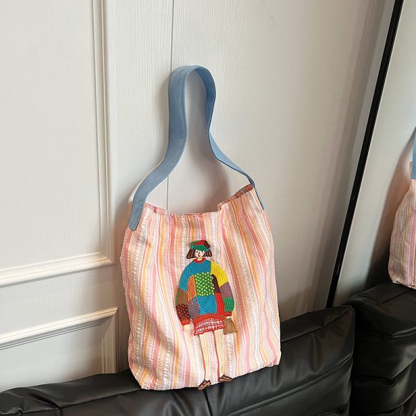 Summer Striped Embroidered Canvas Bucket Bag - Versatile Women's Large Capacity Shoulder Tote for Commuting