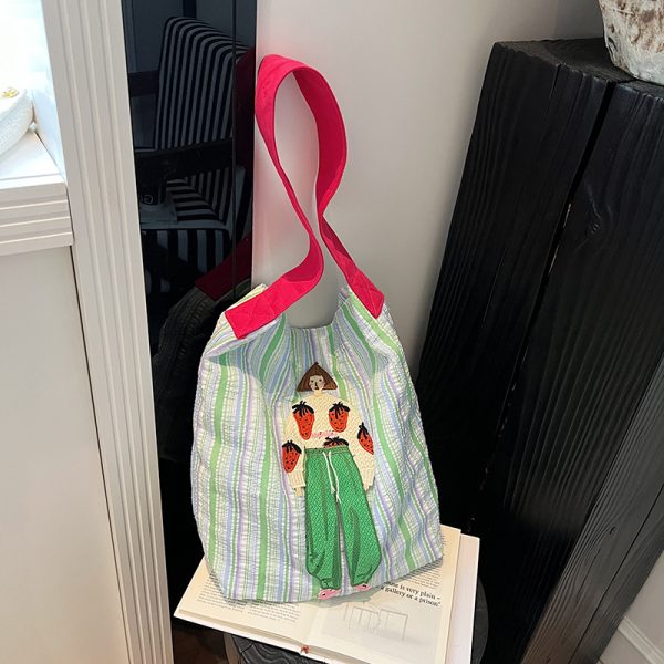 Summer Striped Embroidered Canvas Bucket Bag - Versatile Women's Large Capacity Shoulder Tote for Commuting