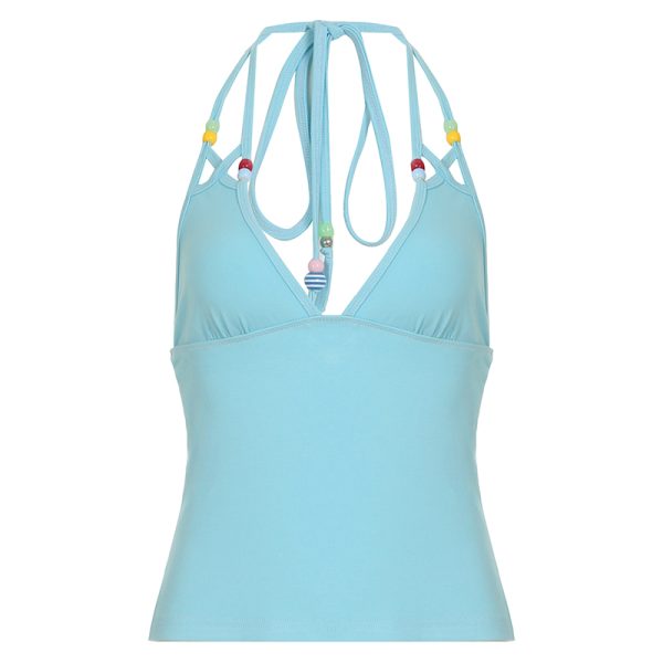 Summer Sunny Blue Low-Cut Backless Tank Top for Women with Colorful Beads - Trendy Dopamine Style for Summer Vibes