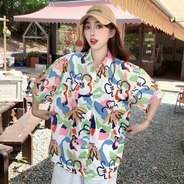 Summer Tie-Dye Floral Short Sleeve Shirt for Women, Retro Loose Beach Top, Trendy Versatile Style, Y2K Fashion