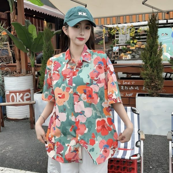 Summer Tie-Dye Floral Short Sleeve Shirt for Women, Retro Loose Beach Top, Trendy Versatile Style, Y2K Fashion