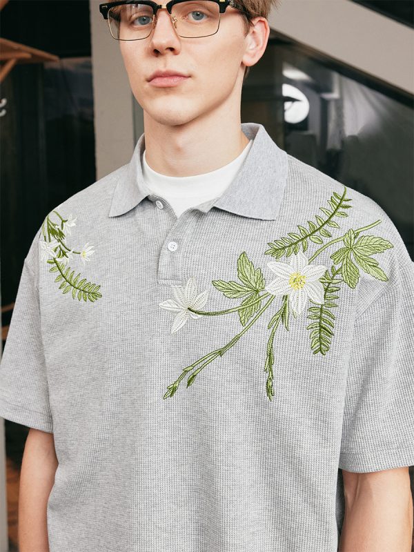 Summer Unisex Embroidered Plant Series Waffle Polo Shirt - Relaxed Fit, Short Sleeve, Trendy 90s Style