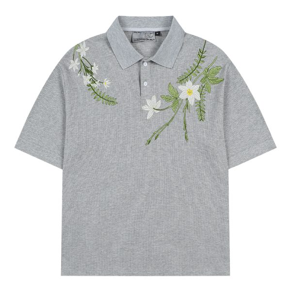 Summer Unisex Embroidered Plant Series Waffle Polo Shirt - Relaxed Fit, Short Sleeve, Trendy 90s Style