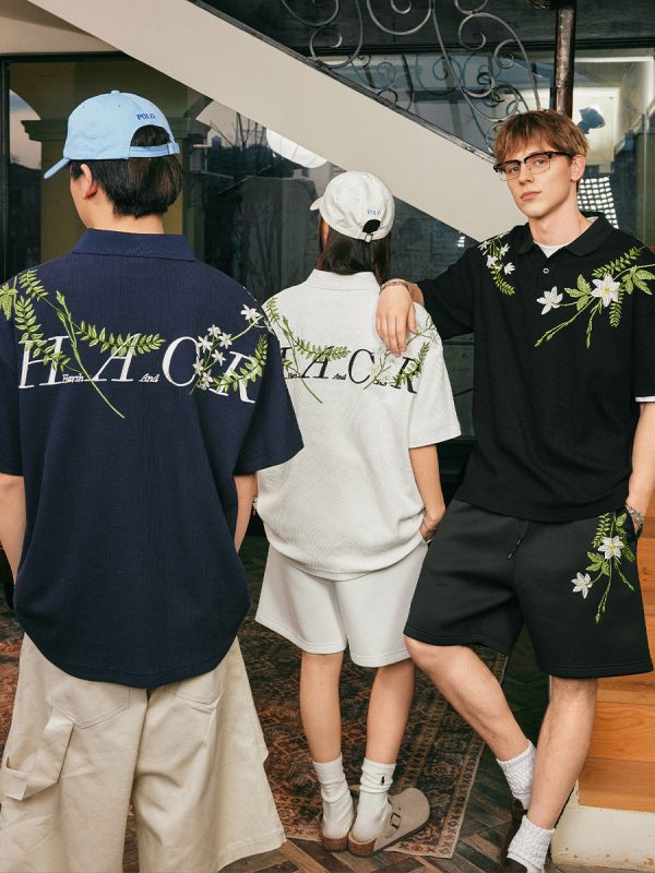 Summer Unisex Embroidered Plant Series Waffle Polo Shirt - Relaxed Fit, Short Sleeve, Trendy 90s Style