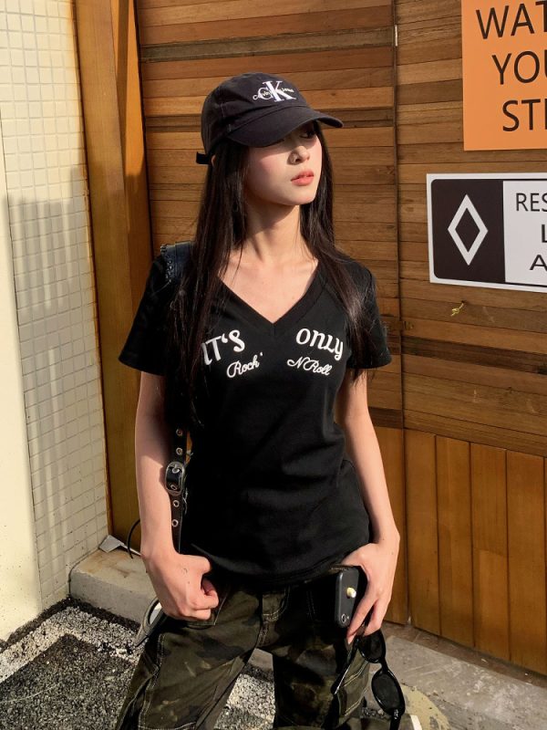 Summer V-Neck Embroidered Short Sleeve T-Shirt for Women - American Style Cool Girl Slim Fit Top, Versatile Fashion Essential