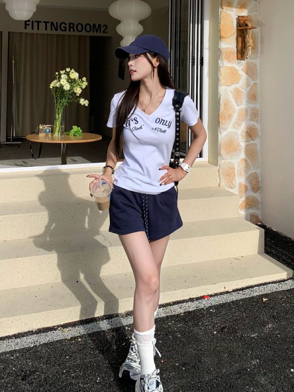 Summer V-Neck Embroidered Short Sleeve T-Shirt for Women - American Style Cool Girl Slim Fit Top, Versatile Fashion Essential