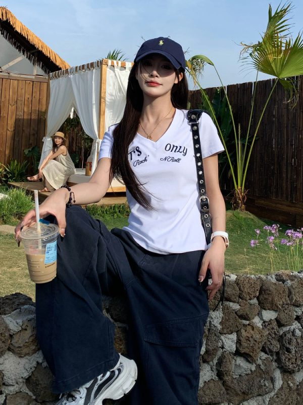 Summer V-Neck Embroidered Short Sleeve T-Shirt for Women - American Style Cool Girl Slim Fit Top, Versatile Fashion Essential