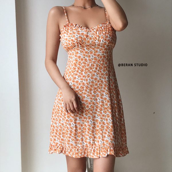 Summer Vintage Floral Spaghetti Strap Dress with Ruffled Hem - Elegant French Style for Effortless Y2K Fashion