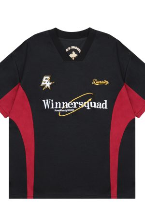 Summer Vintage V-Neck Embroidered Spliced Short Sleeve Unisex Jersey - Versatile American Style