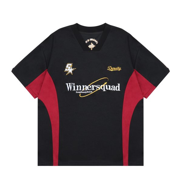 Summer Vintage V-Neck Embroidered Spliced Short Sleeve Unisex Jersey - Versatile American Style