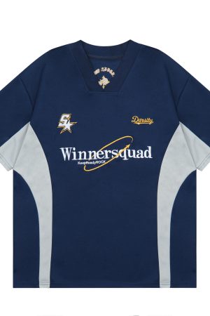 Summer Vintage V-Neck Embroidered Spliced Short Sleeve Unisex Jersey - Versatile American Style