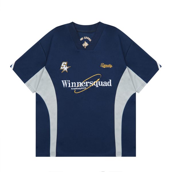 Summer Vintage V-Neck Embroidered Spliced Short Sleeve Unisex Jersey - Versatile American Style